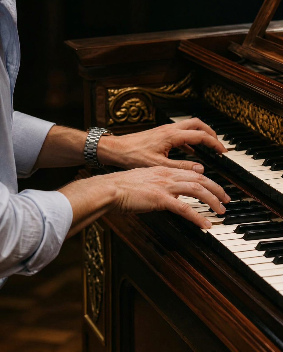Mains d'un jeune musicien jouant sur les deux claviers d'un clavecin